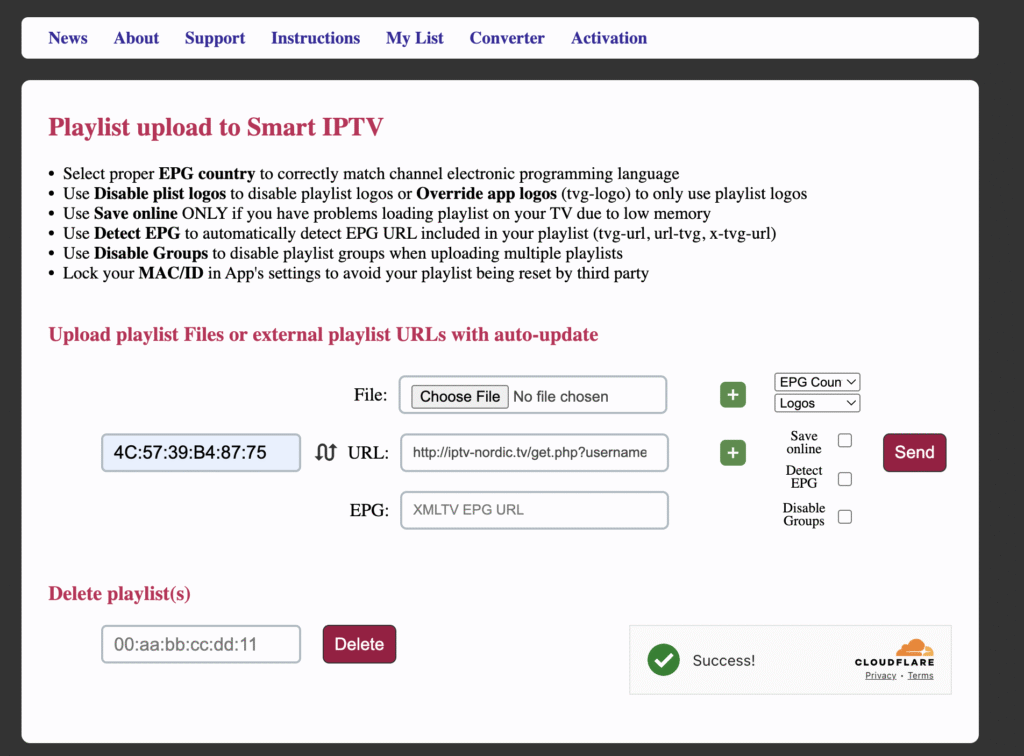 Formulär för att ladda upp M3U-länk med MAC-adress på siptv.app