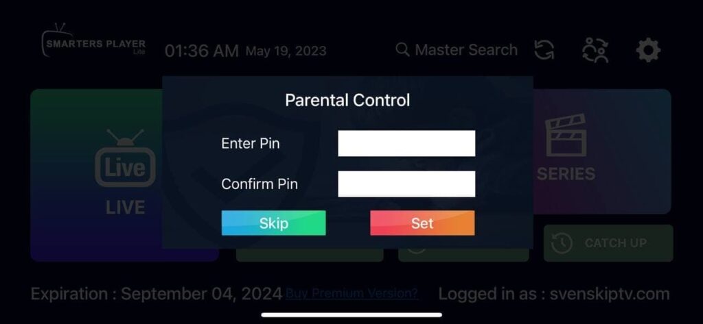 Föräldrakontroll i IPTV Smarters Pro – ange PIN-kod eller hoppa över